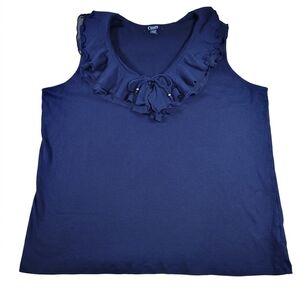 Chaps Ruffle Neck Sleeveless Top Women Size 2X Navy Blue Tie Front Nautical